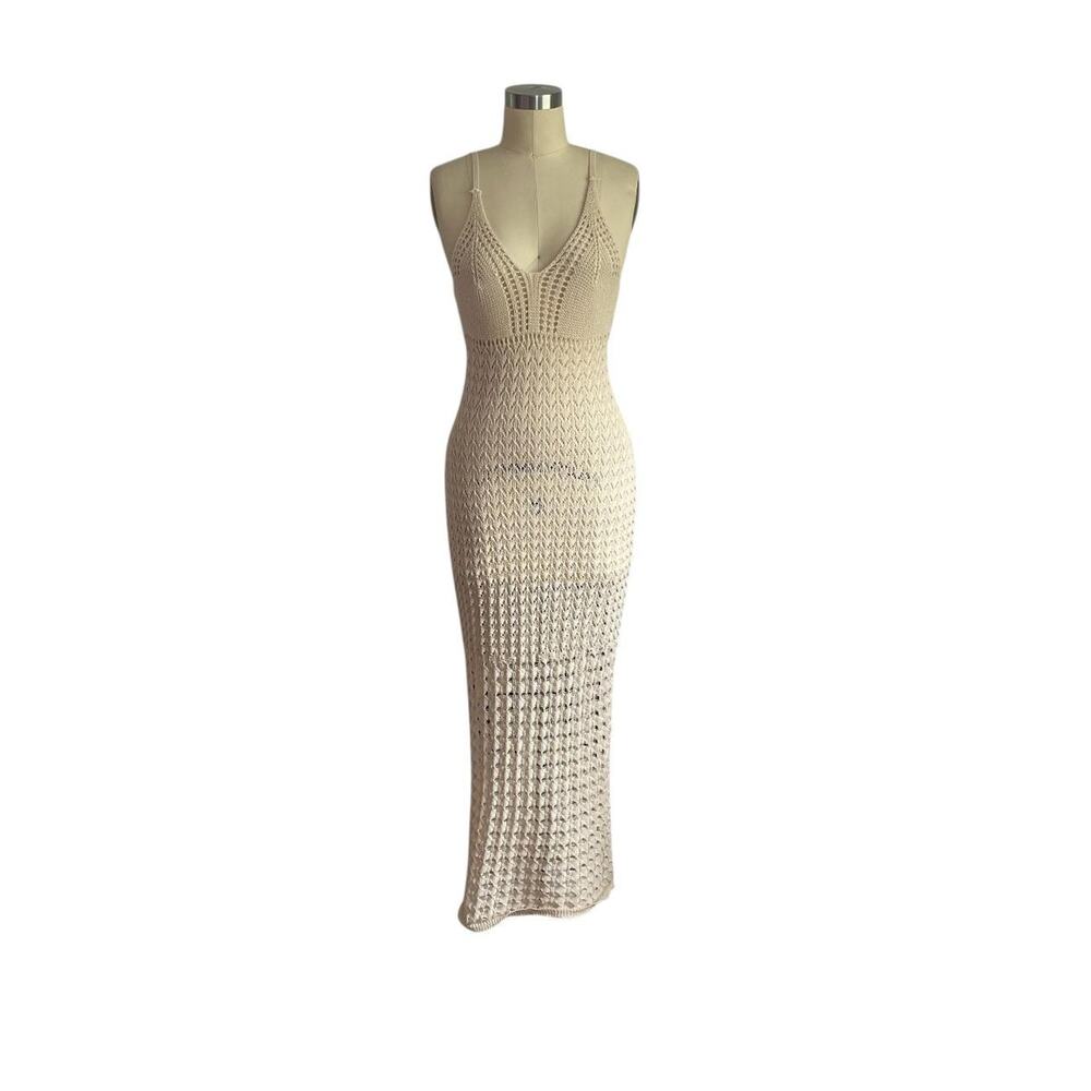 Beige Tan Knitted Hippie Maxi Dress: 90s, Y2K, Modern